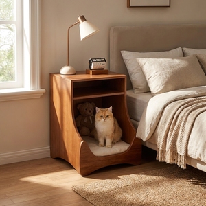 Mesa de Noche Contemporánea de Madera Maciza con Cama para Gatos y Almacenamiento, Diseño Duradero para Dormitorio, Apartamento y Sala de Estar - Product Image 1