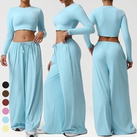 Tenues de sport décontractées pour femmes à manches longues en 2 pièces, haut de yoga doux comme du beurre et pantalon large à jambes larges, vêtements de danse, de fitness et de gym