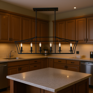 Lustre linéaire en fer noir à 6 lumières, luminaire suspendu pour îlot de cuisine, style vintage, lumière de type bougie, ampoule E12, 2700K blanc chaud - Product Image 2