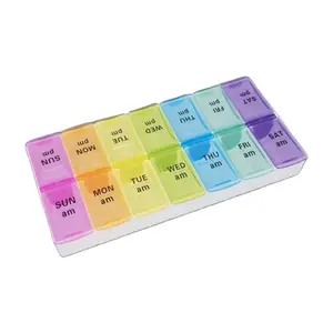 定制7天药盒两排14格塑料每周药盒彩虹色盖子