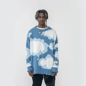 Новый жаккардовый свитер с голубым небом и белыми облаками, узкий дизайн, вязаный Повседневный свитер для мужчин