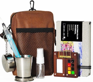 Mini Aquarel Verfset Met Walnoot Houten Doos 8 Kleuren Borstels Water Cup Reiszak Kit Met Tas Voor Kunstenaars - Product Image 1