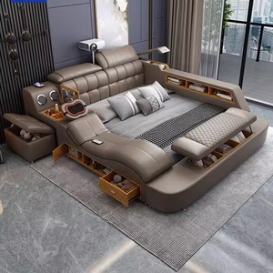 Moderno Letto Matrimoniale Regolabile in Legno con Rivestimento in Vera Pelle, Reclinabile per Camera da Letto, Hotel, Soggiorno, Appartamento - Product Image 6