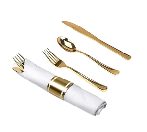 Ensemble de couverts dorés pré-roulés avec serviette aspect lin pour mariage, traiteur, fête, événement – Vaisselle jetable élégante en gros avec logo personnalisé - Product Image 3