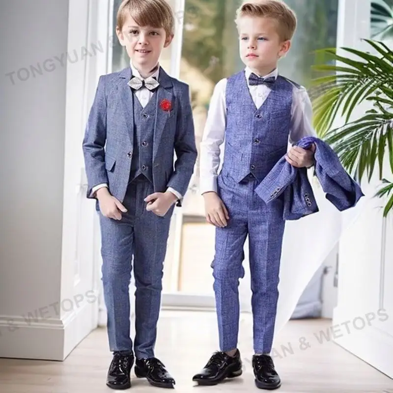 Custom Kleding Groothandel Mode Kinderen Kleding Geruit Blazer Formele Jongen Pak 5 Stuks Sets Performance Podiumpak Voor Jongens