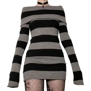 New Striped Lapel 1 Shoulder Slim Fit Long Knitted Sweater Dress