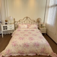 Ensemble de jupe de lit 3 pièces en coton rose à motif floral, avec volants en dentelle, imprimé réactif, style pastoral pour la maison