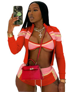 Completo da Donna 3 Pezzi Abbigliamento Estivo Autunnale Tuta Sportiva Streetwear Personalizzata con Reggiseno Sportivo Giacca e Pantaloncini a Colori Contrastanti - Product Image 4