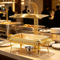 Réchaud alimentaire carré en acier inoxydable FLEY avec plat de service en verre, brûleur à alcool et support surélevé pour restaurant et buffet