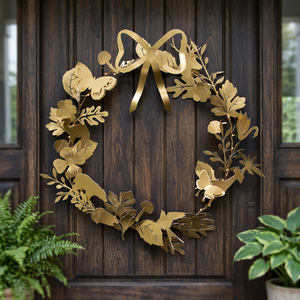 Corona Metálica Dorada con Mariposas y Hojas, Flores Decorativas Hechas a Mano, Estilo Glamuroso, Navidad, Sin Iluminación - Product Image 3