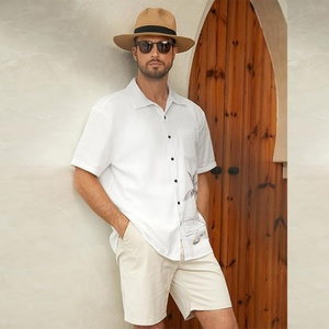 <b>Men's</b> Custom Logo Breathable ODM Stand Collar Causal Short Sleeves 100% Cotton <b>Silk</b> Screen Printed Summer Beach Vacation <b>Shirts</b> - Product Image 5
