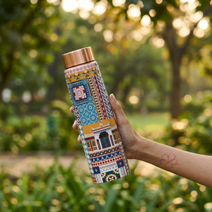 Handcrafted Flask Oriental Pattern <b>Metal</b> <b>Water</b> <b>Bottle</b> with Copper Lid Portable Outdoor Drinkware - Product Image 1