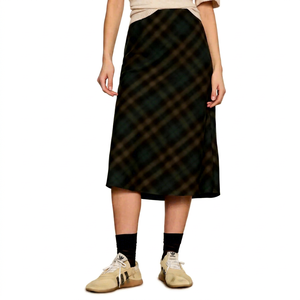 Jupe droite mi-longue à carreaux pour femme, taille normale, en viscose et polyester tissés, décontractée, toutes saisons, design confortable - Product Image 1
