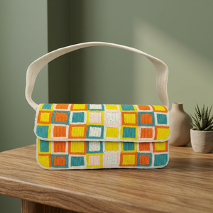 Beaded Flap <b>Handbag</b> With Embroidered Beach Square Pattern Casual Shoulder Bag Handmade Daily And Party Use - Product Image 2