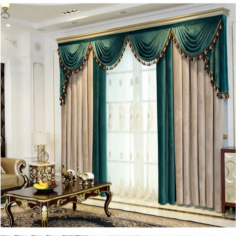 Cortina de lujo de terciopelo transpirable de estilo europeo verde beige empalme cortina de hotel fábrica cortina de proyecto al por mayor