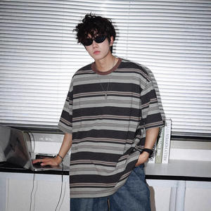 Summer <b>Beaded</b> Color Block Striped Short Sleeveless Men's <b>Loose</b> Cotton Workwear Style Contrast Trim Casual T-Shirt - Product Image 4