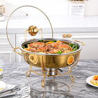 Plat à réchaud rond doré avec couvercle en verre, chauffe-plats pour buffets, équipement de maintien au chaud pour soupes et traiteur