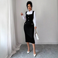 Robe longue pour femme, style vintage, décontractée et professionnelle, sans manches, avec poches, coupe crayon, taille haute, col carré, en polyester et élasthanne, pour le printemps