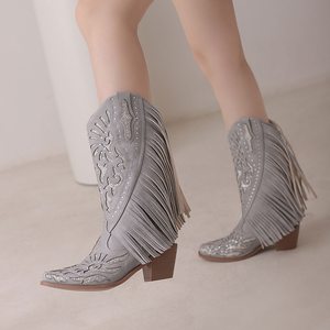 BUSY GIRL KK4692 <span class=keywords><strong>Botas</strong></span> hasta la rodilla Zapatos de <span class=keywords><strong>mujer</strong></span> 2024 Borlas blancas Tacones de bloque de cristal Señoras Bota Country <span class=keywords><strong>Botas</strong></span> de vaquero para <span class=keywords><strong>mujer</strong></span> - Product Image 5