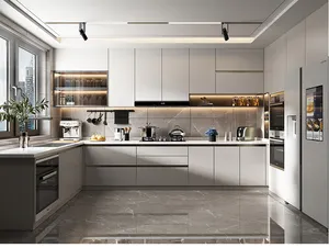 आधुनिक मॉड्यूलर किचन कैबिनेट डिजाइन पीवीसी आइलैंड, सहायक उपकरण किचन कैबिनेट पूर्ण सेट असेंबल करने के लिए तैयार