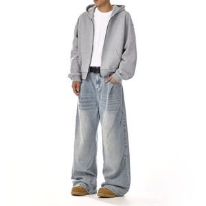 Wholesale 100% Cotton Mid Waist Loose Fit Casual Plus Size Solid Color With Pockets <b>Button</b> <b>Fly</b> Men's Wide Leg Stonewashed <b>Jeans</b> - Product Image 2