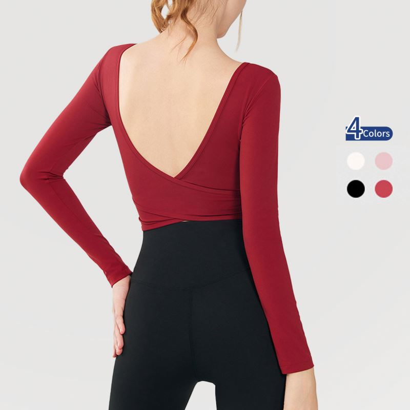 High Quality Women's Fall Winter Breathable Yoga Top Long Sleeve Slim Fit Cross Beauty Back V Neck Fixed Cup Sports Fitness Top