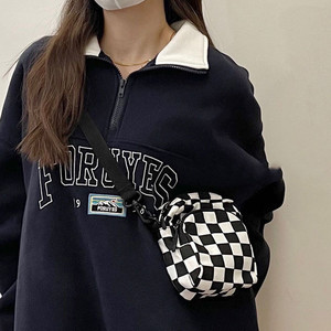 Women's <strong>Small</strong> Messenger Bags Ladies Canvas Printed Cute Black and <strong>White</strong> Plaid Bag Lady Student Shoulder Bag Zipper Purse <strong>Handbag</strong> - Product Image 4