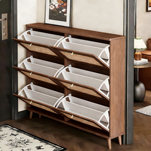 Armoire à chaussures ultra-mince <span class=keywords><strong>en</strong></span> <span class=keywords><strong>rotin</strong></span> <span class=keywords><strong>en</strong></span> bois du milieu du siècle, étagère à 3 niveaux, rangement de salon anti-poussière pour petit appartement - Product Image 5