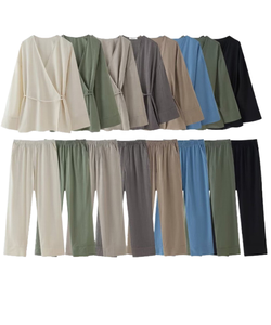 Ultima moda elegante Set di Kimono Premium <span class=keywords><strong>con</strong></span> <span class=keywords><strong>pantaloni</strong></span> da donna per la casa cravatta <span class=keywords><strong>con</strong></span> Top in tinta unita <span class=keywords><strong>pantaloni</strong></span> da donna S280 - Product Image 2