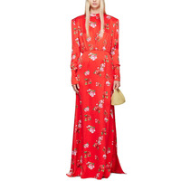 Robes de soirée longues en satin de luxe avec épaulettes, col montant, imprimé floral, robe maxi