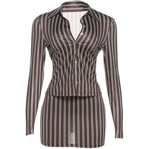 Conjunto de dos piezas para mujer 2026: Camisa a rayas de manga larga con botones y minifalda para salir - Product Image 3