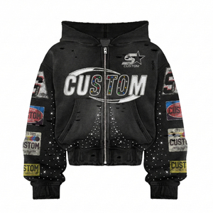 Custom Distressed Embroidery Zip up Rhinestone Graphic Boxy Hoodie Sweatpants Acid Wash <strong>tracksuit</strong> Mens Hoodies Sweatshirt Sets - Product Image 3