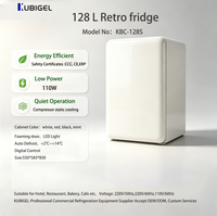 Mini-réfrigérateur portable rétro Kubigel 128L avec porte en mousse, refroidissement par air, intérieur LED, température unique intelligente et verrouillage de la porte