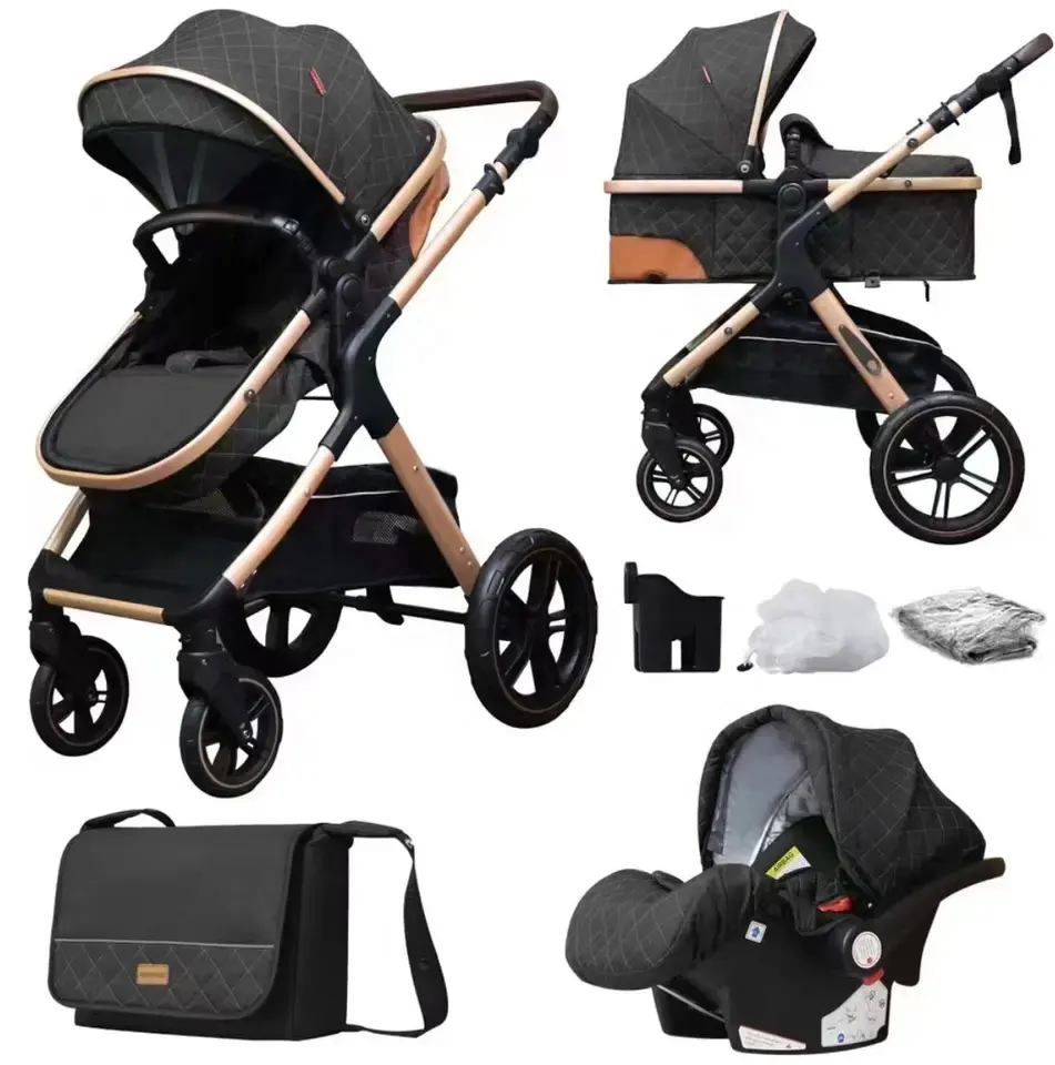 new design hot sale high view 0-36 months two-way push multiple purposes 3-in-1 baby stroller and safety seat with mummy bag