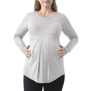 Los más nuevos diseños de camiseta de maternidad de Enfermería de poliéster cálido con estampado personalizado cuello redondo Camiseta suelta para mujer embarazada con bolsillo