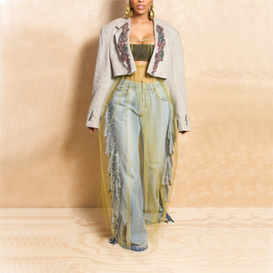 Conjunto de Dos Piezas de Jeans Vintage con Flecos y <span class=keywords><strong>Blazer</strong></span> Corto Personalizado, Jeans de Pierna Ancha con Flecos y Borlas - Product Image 3