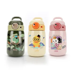 Food Grade Silicone Straw Baby Kid Water Bottle With Cartoon Character Stainless Steel Insulated Flask