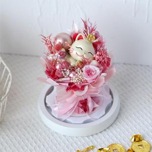 Chat porte-bonheur en fleurs préservées sous cloche en verre, <span class=keywords><strong>Maneki</strong></span>-<span class=keywords><strong>neko</strong></span> avec éclairage LED, arrangement floral éternel, cadeau pour l'inauguration - Product Image 5