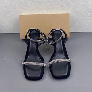 Sandalias Zapatos Mujer Saltos Rhinestone Negras con Correa en el Tobillo y Tacón Cuadrado para Damas - Product Image 3