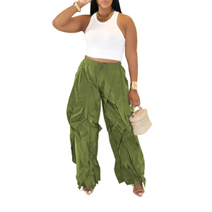 Women's Stylish High Waist Cord Locks Baggy Lantern Slacks Pants Ruched Details Elastic Waist Casual <strong>Harem</strong> <strong>Trousers</strong> - Product Image 3