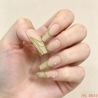 Uñas Postizas Largas en Forma de Ataúd con Diseño de Espiral Verde y Perla, 24 Piezas, ABS, OEM, ODM, Marca Privada, Reutilizables, Venta al Por Mayor