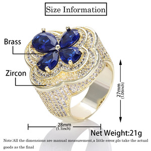 แหวนรูปดอกไม้สีสันสดใสสำหรับผู้ชาย สไตล์ฮิปฮอป ประดับเพชรไมโครเซอร์คอนรูปใบโคลเวอร์สี่แฉก - Product Image 6