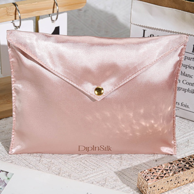 Luxury pink Satin Envelope Cosmetic Hair Perfume Packing Bag with Button Custom Logo Reusable Small Mini