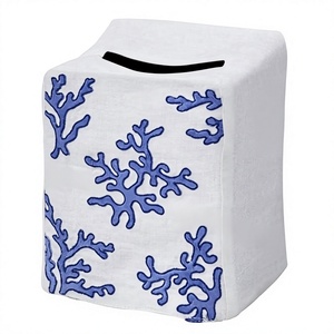 VNAP Housse de boîte à mouchoirs brodée en coton/lin/tissu mélangé, motif blanc bleu corail, design original, suspendue, portable, durable, pratique - Product Image 1