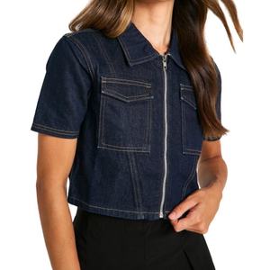 Fabricant OEM de chemises en jean à manches courtes pour femmes, coupe ample, fermeture éclair, chemises en jean courtes - Product Image 1