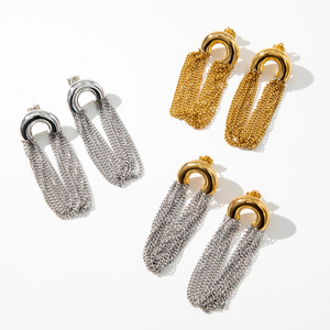YF3990 Gioielli in Acciaio Inossidabile Placcati Oro 18k PVD, <span class=keywords><strong>Orecchini</strong></span> Lunghi a Forma di C con Due Pietre e Nappine per Donne - Product Image 5