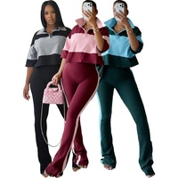 Ensemble deux pièces streetwear pour femme : Polo à col contrastant et pantalon long évasé rayé – 5 couleurs tendance en stock