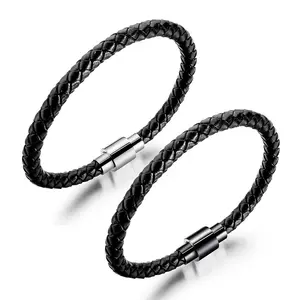 Regalo de novio, joyería de moda para hombre, pulsera de cuero PU negro de 5,5mm, pulsera de cuero trenzado con cierre de acero inoxidable