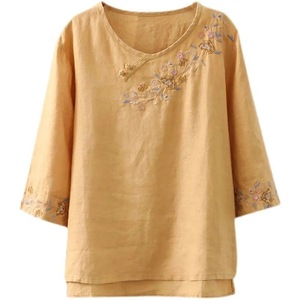 Women's Cotton Linen <b>Shirt</b> Purple Embroidered Floral Mid Sleeve Loose Fit Vintage Style Everyday Wear - Product Image 5