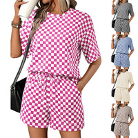 Ensemble de vêtements de détente à carreaux pour femmes, haut à manches courtes, short avec cordon de serrage, tenue d'été décontractée